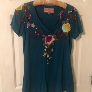 Johnny Was s/s teal cotton top w/embroidery L